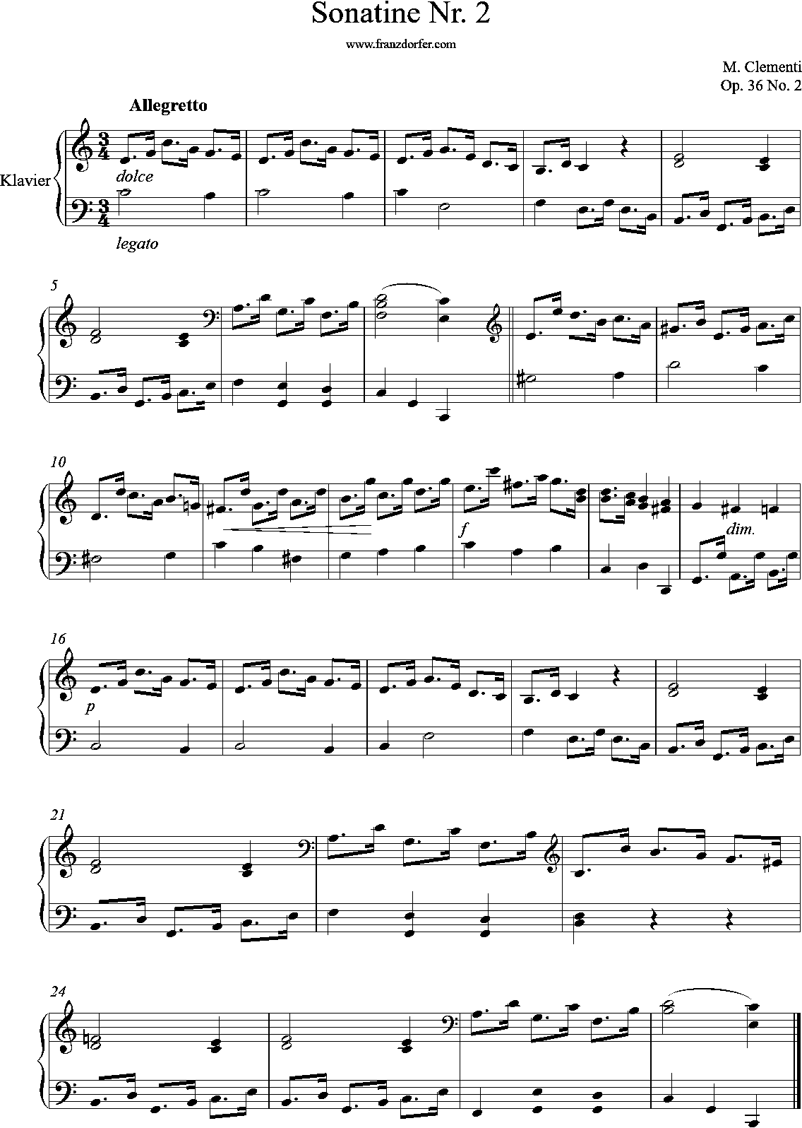Clementi, op. 36, Sonatine 2, 2.Satz, Allegretto, Klaviernoten